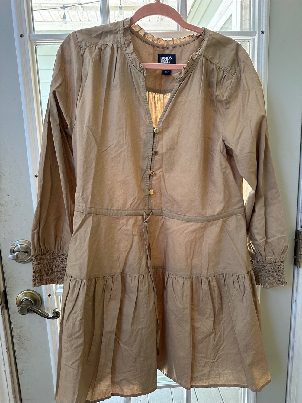 Lands' End Neutral Tan Button-Front Cotton draw string waist Dress
